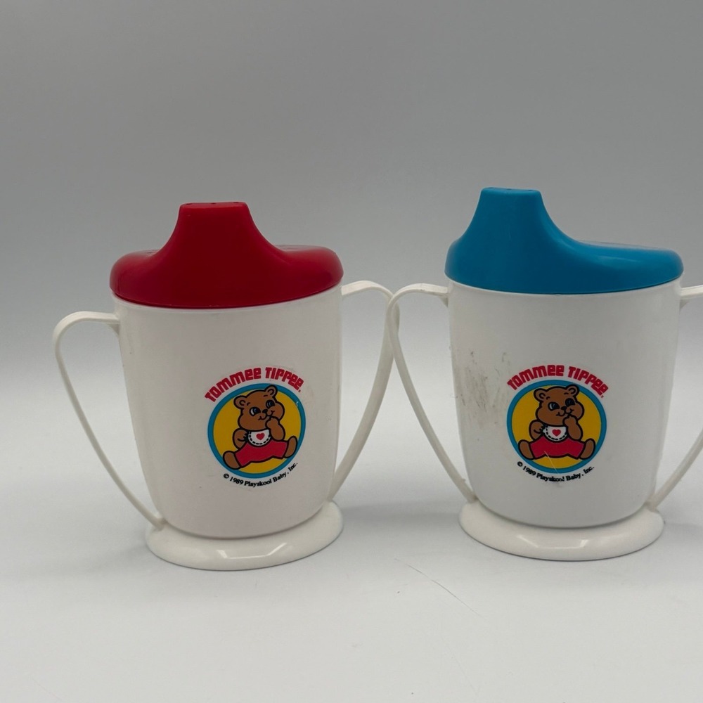 Vintage Tommee Tippee Sippy Cups 1989 Playskool Baby‎ Set Red Blue Lids